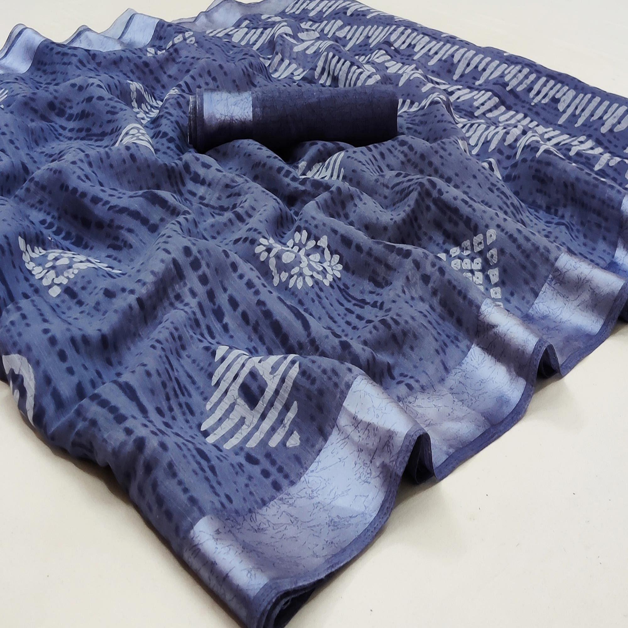 Blue Casual Wear Printed Linen Cotton Saree - Peachmode