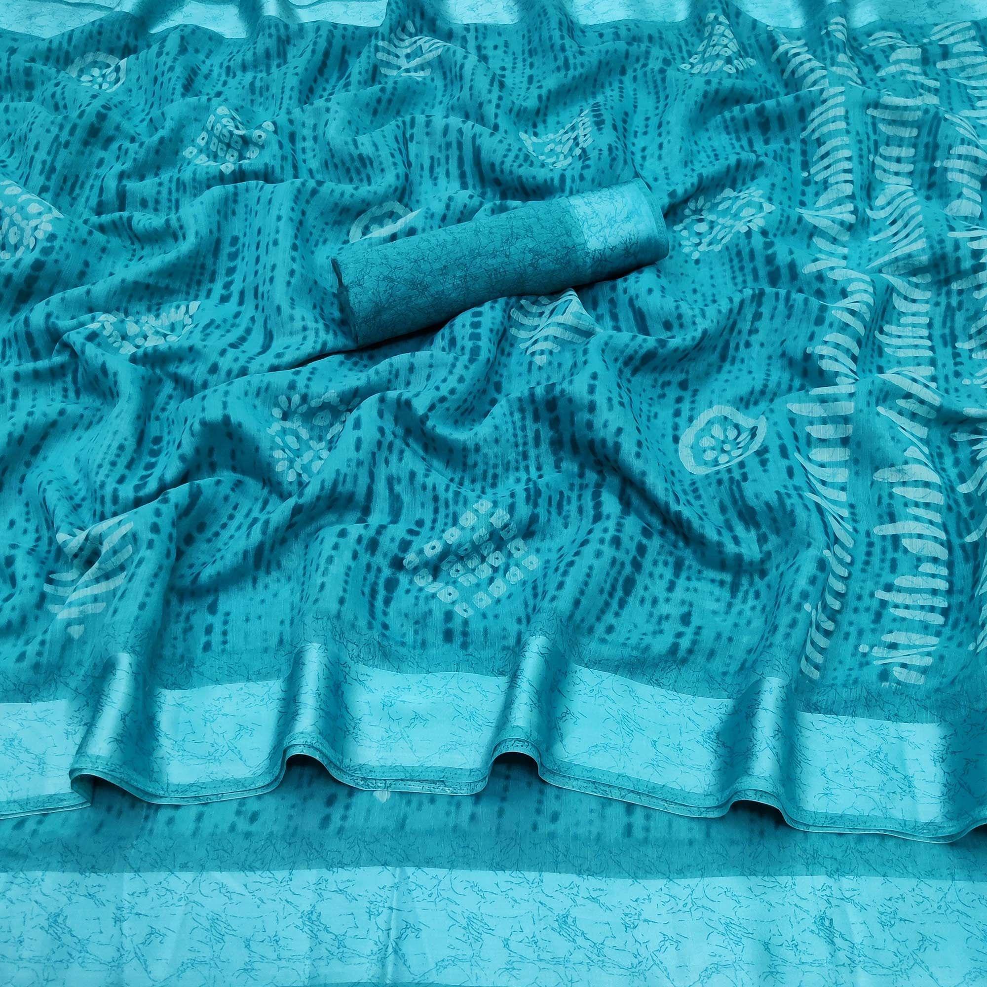 Blue Casual Wear Printed Linen Cotton Saree - Peachmode