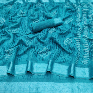 Blue Casual Wear Printed Linen Cotton Saree - Peachmode