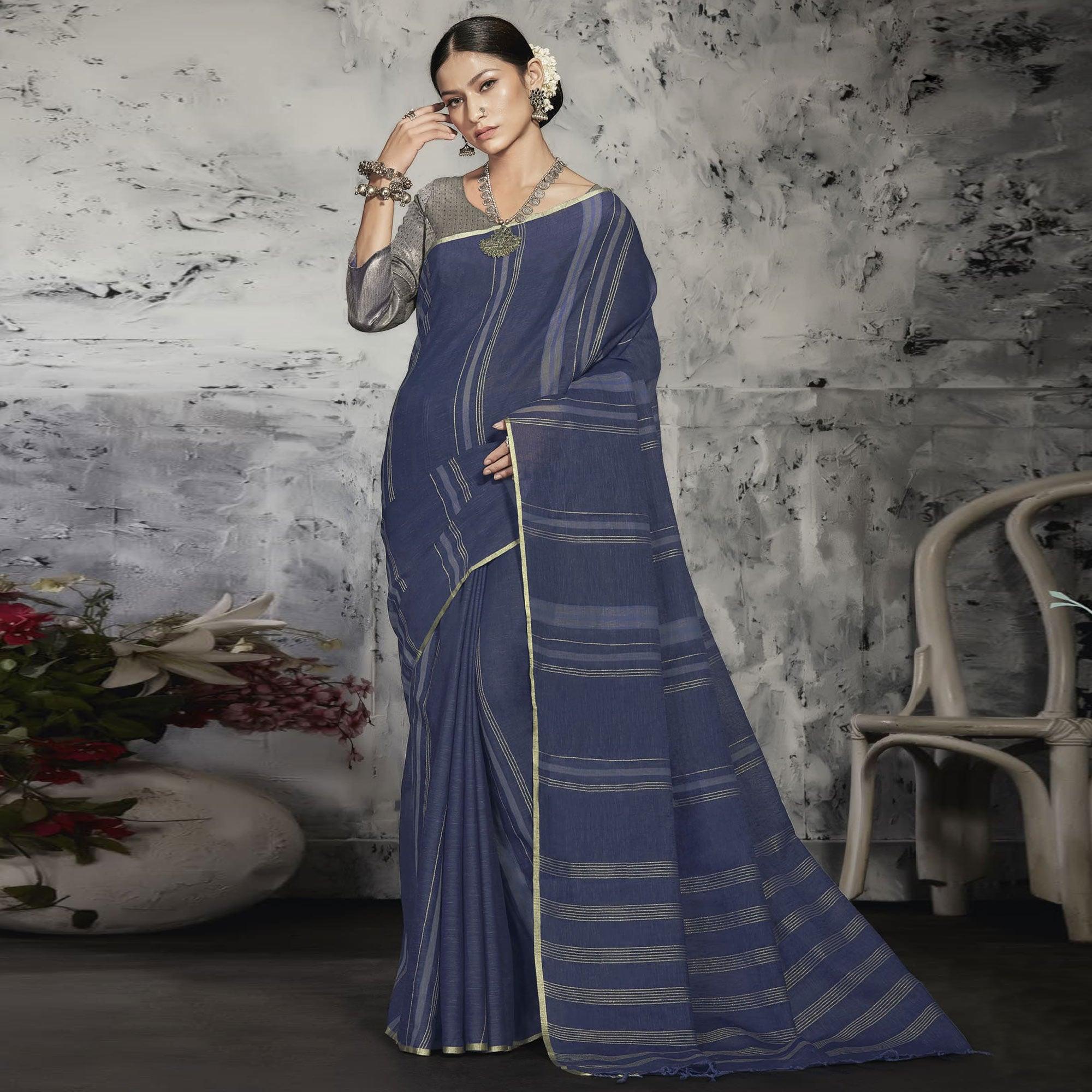 Blue Casual Wear Printed Linen Saree - Peachmode