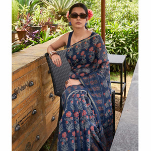 Blue Casual Wear Printed Linen Saree - Peachmode