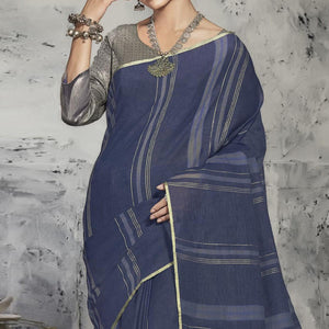 Blue Casual Wear Printed Linen Saree - Peachmode
