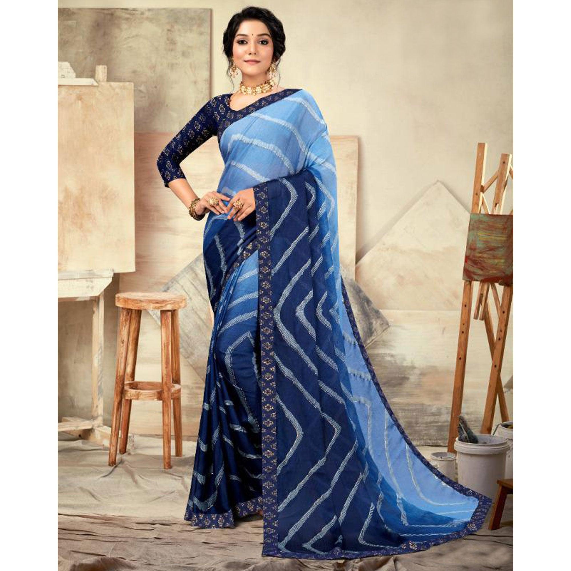 Blue Casual Wear Printed Moss Chiffon Saree - Peachmode