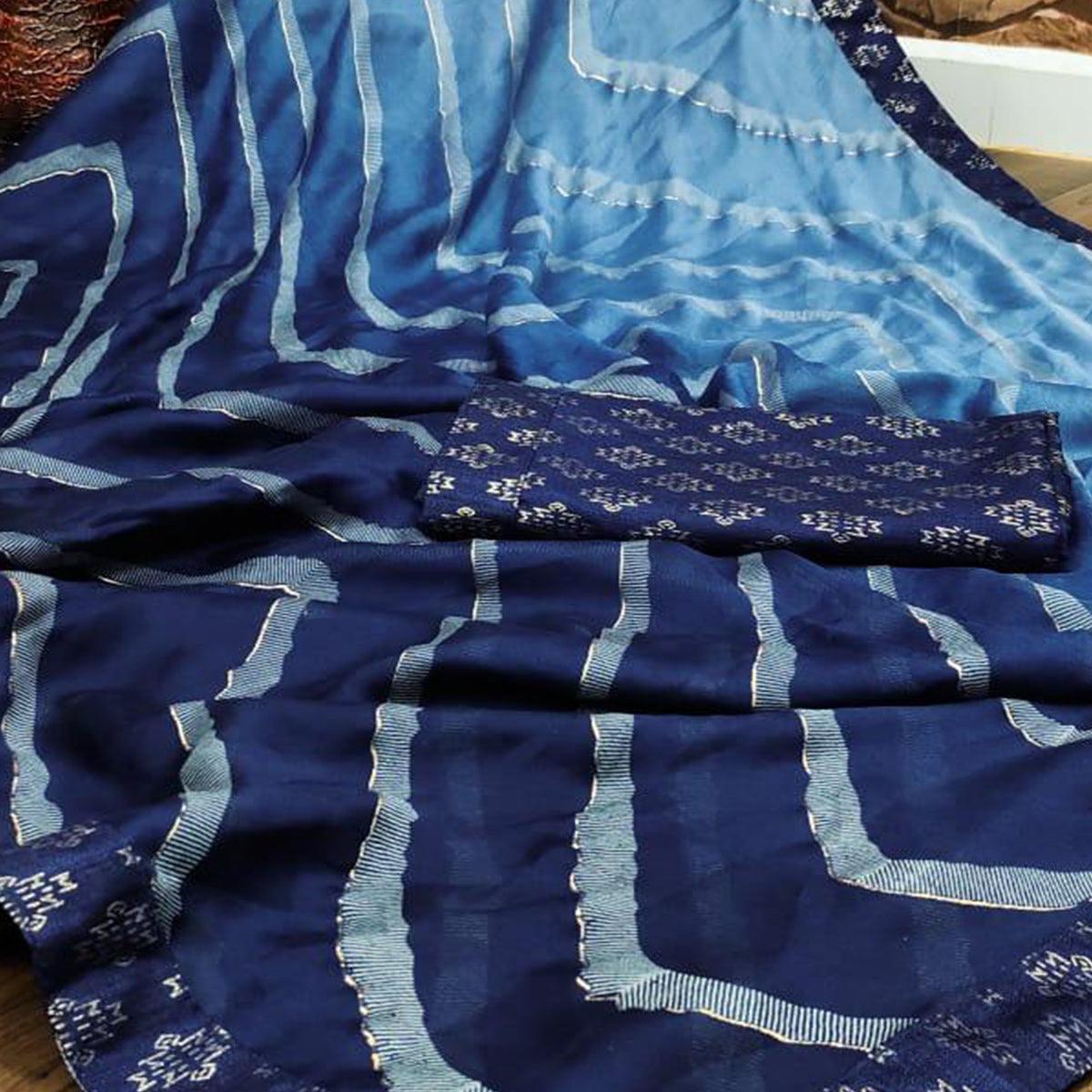 Blue Casual Wear Printed Moss Chiffon Saree - Peachmode