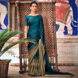 Blue Casual Wear Printed Moss Saree With Fancy Zari Border - Peachmode