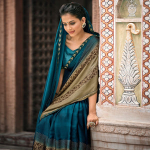 Blue Casual Wear Printed Moss Saree With Fancy Zari Border - Peachmode