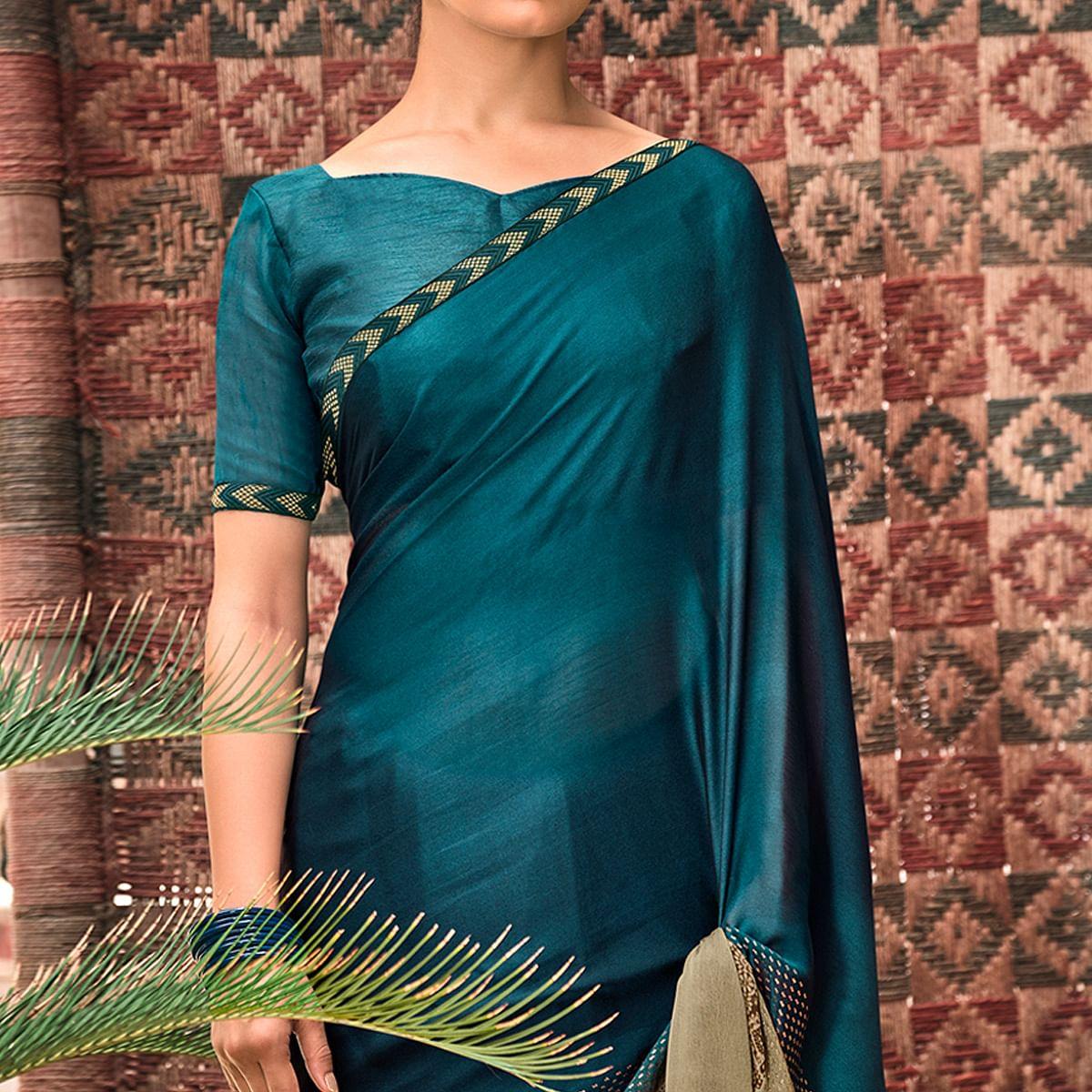 Blue Casual Wear Printed Moss Saree With Fancy Zari Border - Peachmode