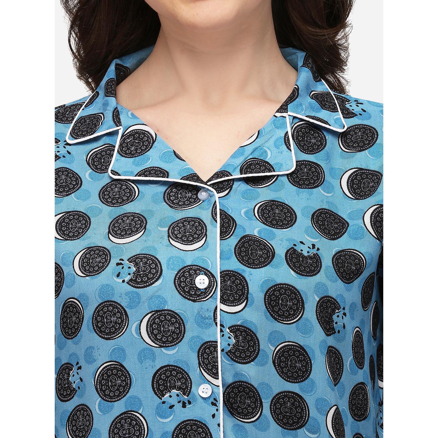 Blue Casual Wear Printed Rayon Night Suit - Peachmode