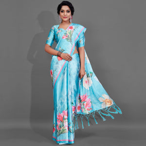 Blue Casual Wear Printed Satin Silk Saree - Peachmode