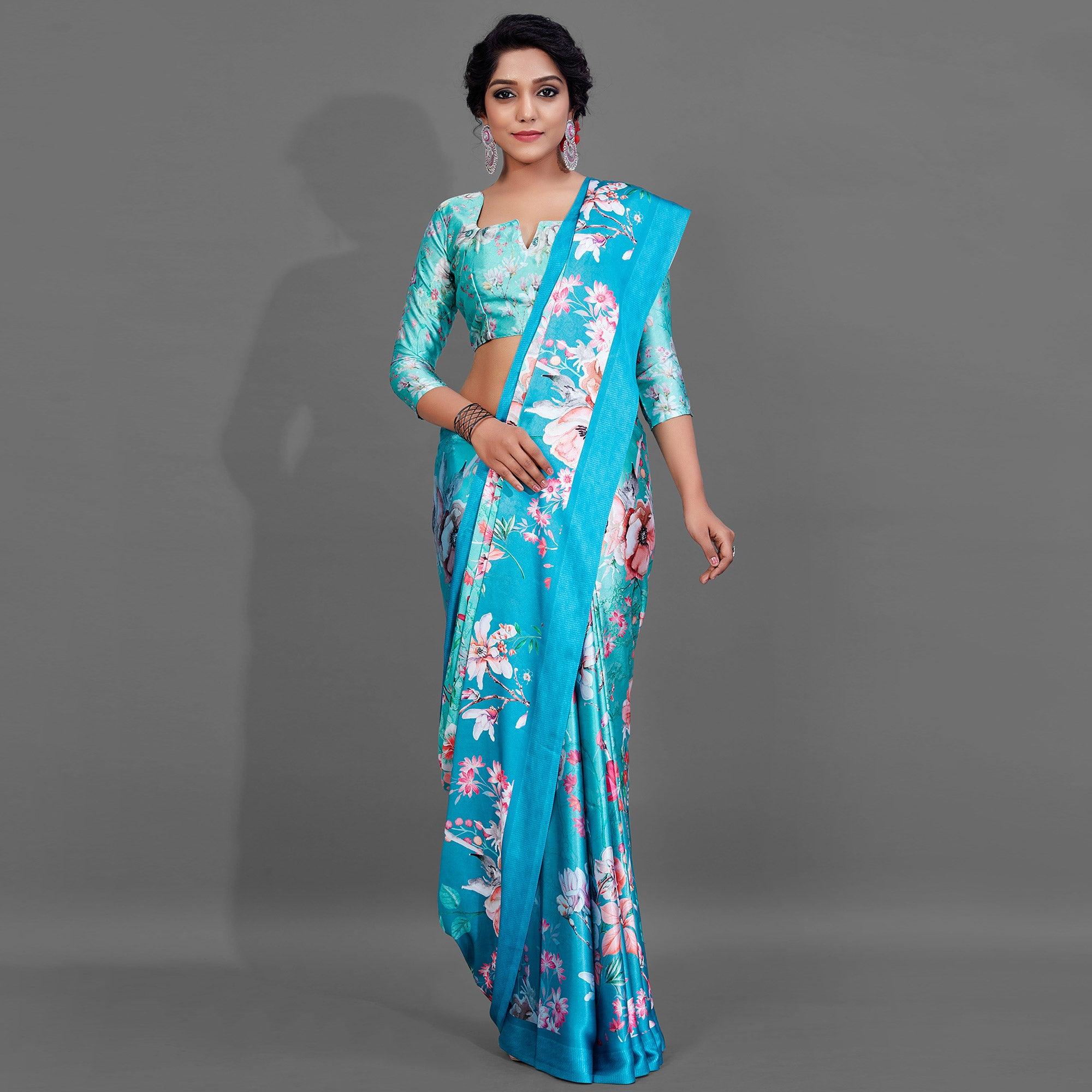 Blue Casual Wear Printed Satin Silk Saree - Peachmode