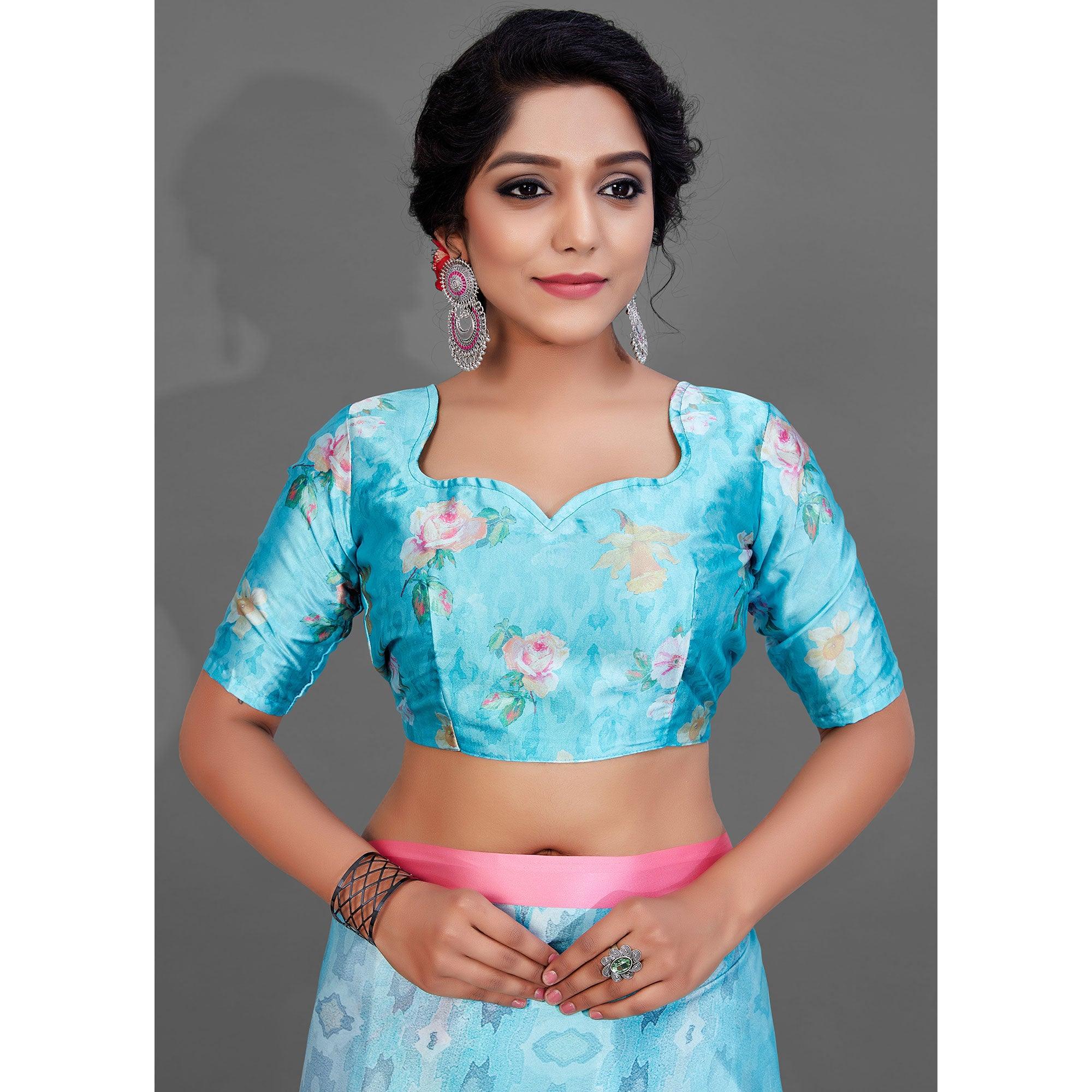 Blue Casual Wear Printed Satin Silk Saree - Peachmode