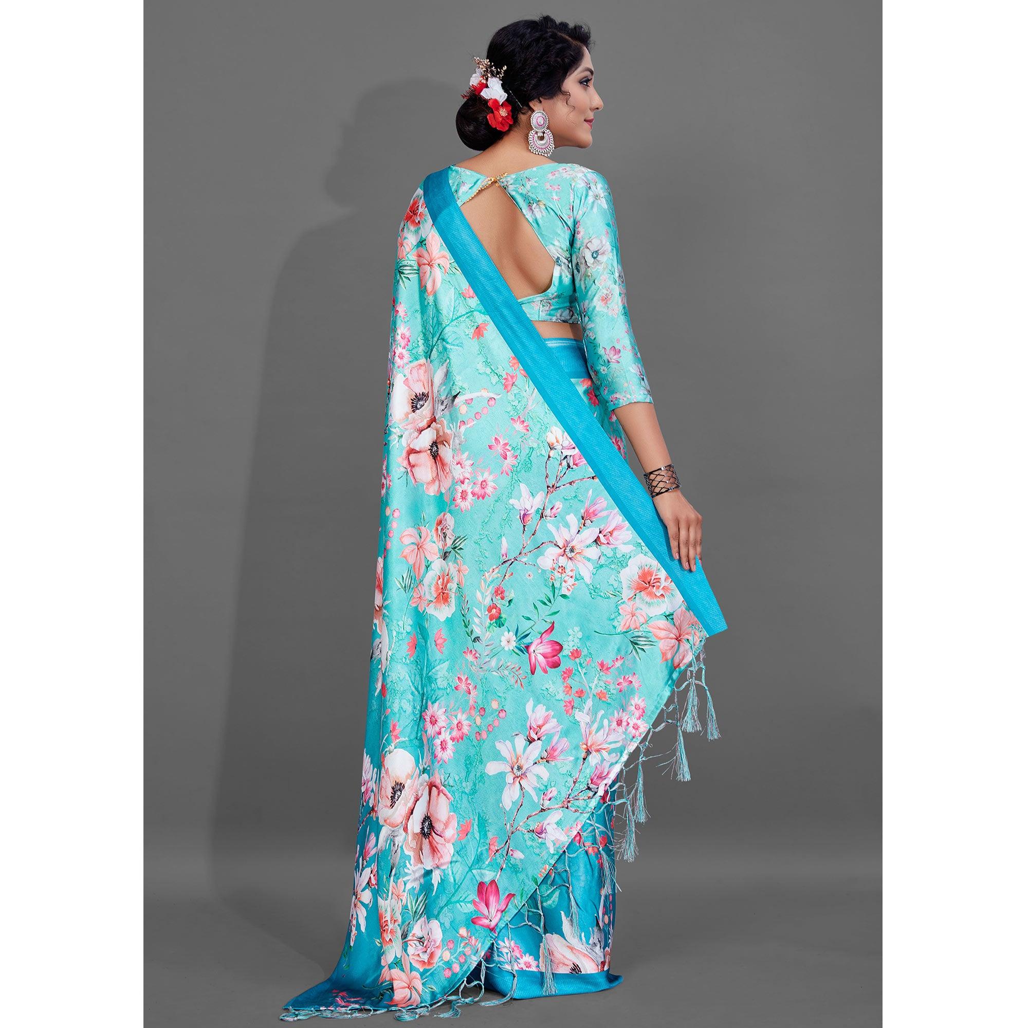 Blue Casual Wear Printed Satin Silk Saree - Peachmode