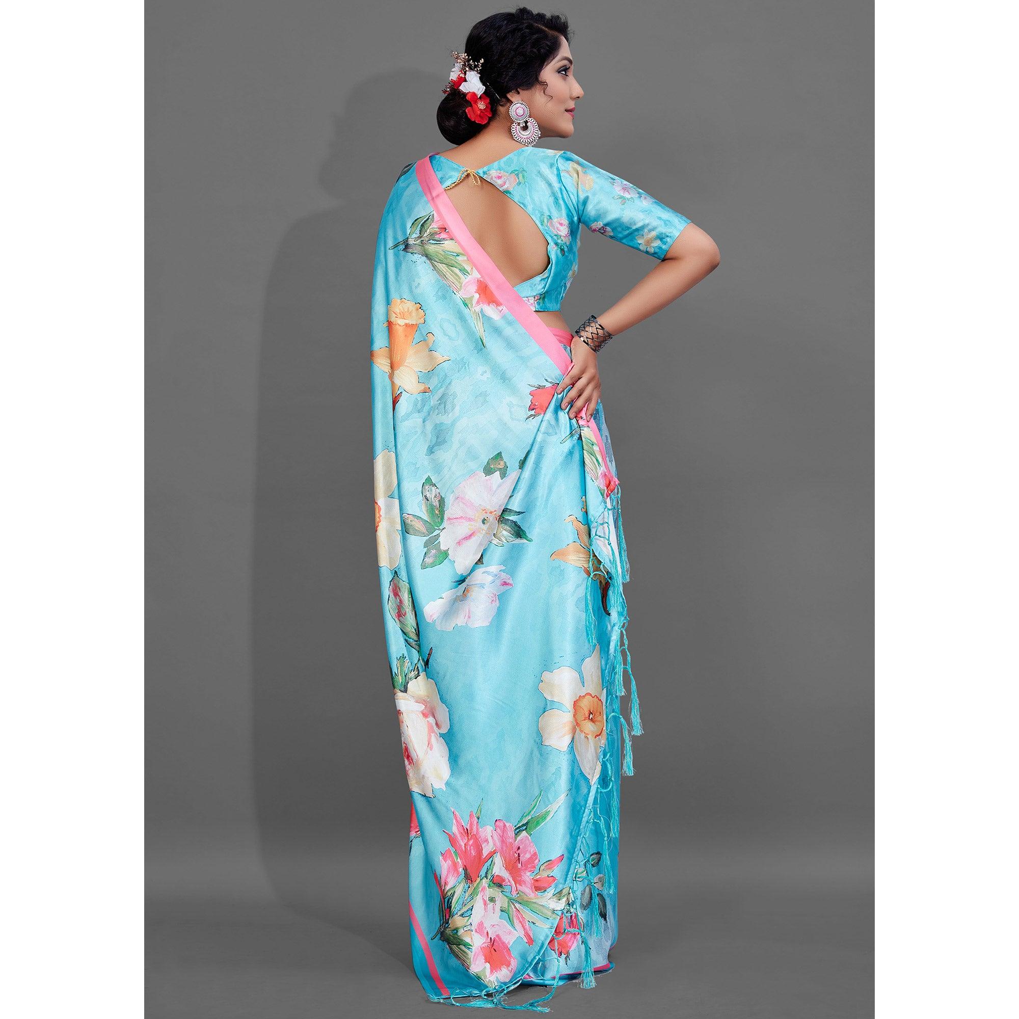 Blue Casual Wear Printed Satin Silk Saree - Peachmode