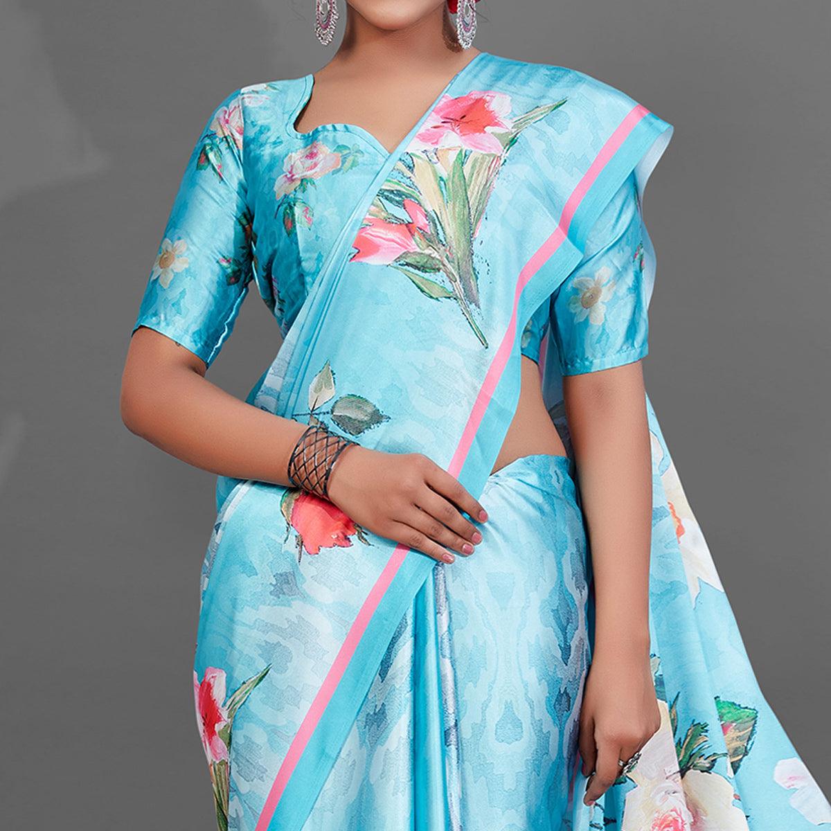 Blue Casual Wear Printed Satin Silk Saree - Peachmode