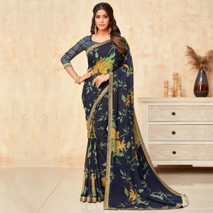 Blue Casual Wear Printed Silk Georgette Saree - Peachmode