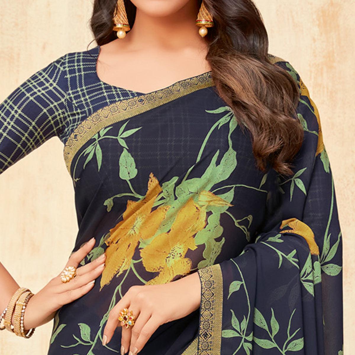 Blue Casual Wear Printed Silk Georgette Saree - Peachmode