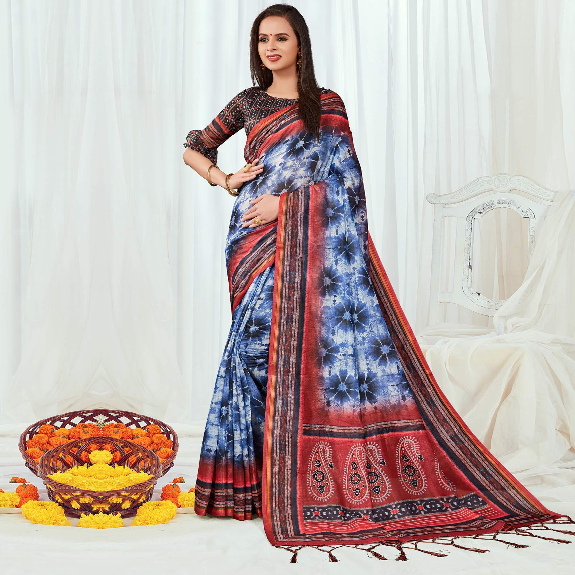 Blue Casual Wear Printed Silk Saree - Peachmode