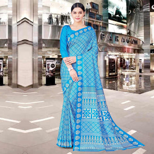 Blue Casual Wear Printed Silk Saree - Peachmode