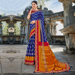 Blue Casual Wear Printed Silk Saree - Peachmode
