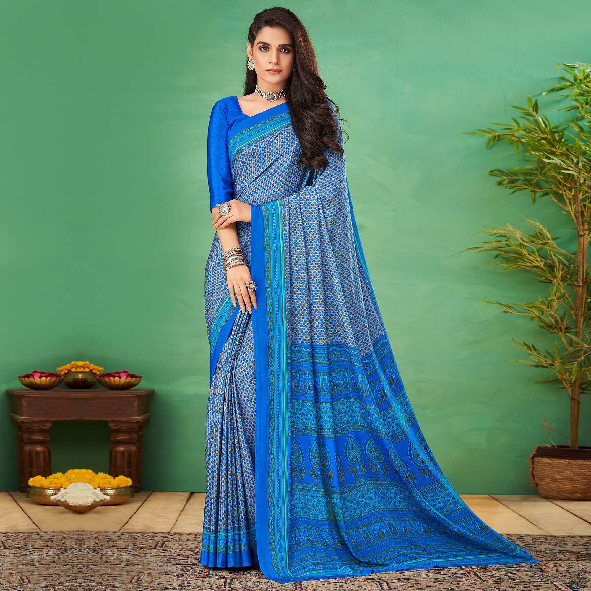 Blue Casual Wear Printed Silk Saree - Peachmode