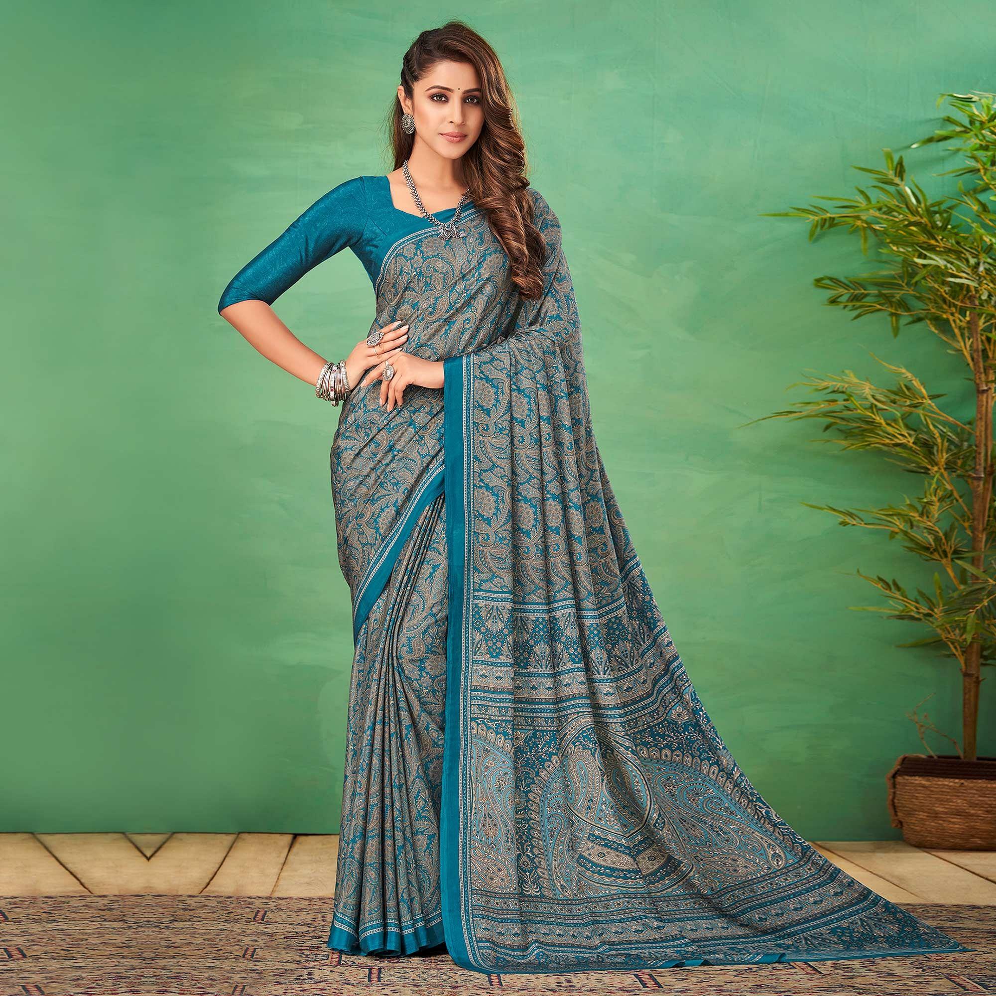 Blue Casual Wear Printed Silk Saree - Peachmode