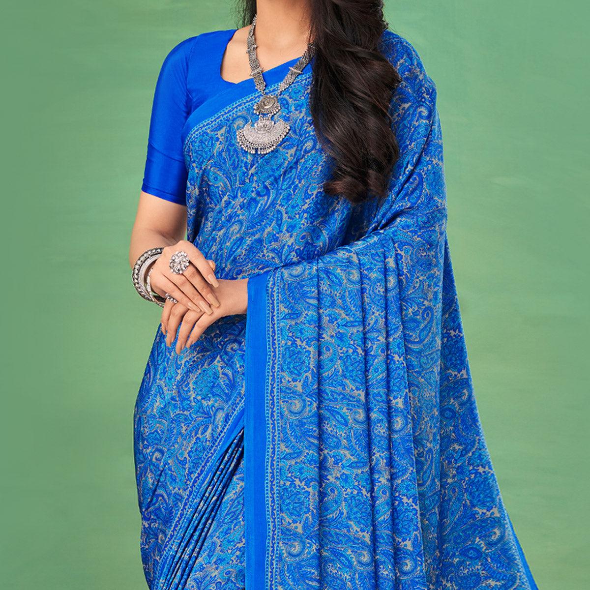 Blue Casual Wear Printed Silk Saree - Peachmode