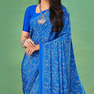 Blue Casual Wear Printed Silk Saree - Peachmode