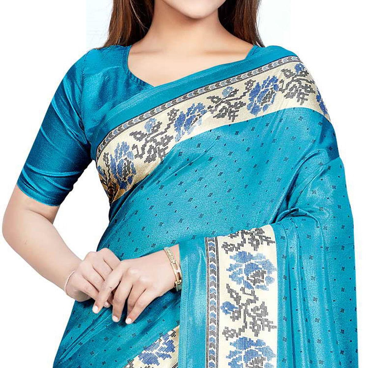 Blue Casual Wear Printed Silk Saree - Peachmode