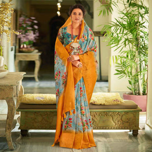 Blue Casual Wear Printed Soft Cotton Saree - Peachmode