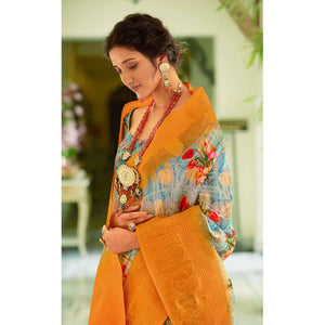 Blue Casual Wear Printed Soft Cotton Saree - Peachmode