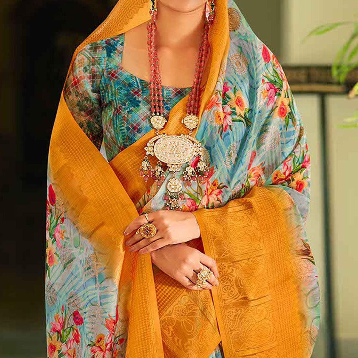 Blue Casual Wear Printed Soft Cotton Saree - Peachmode