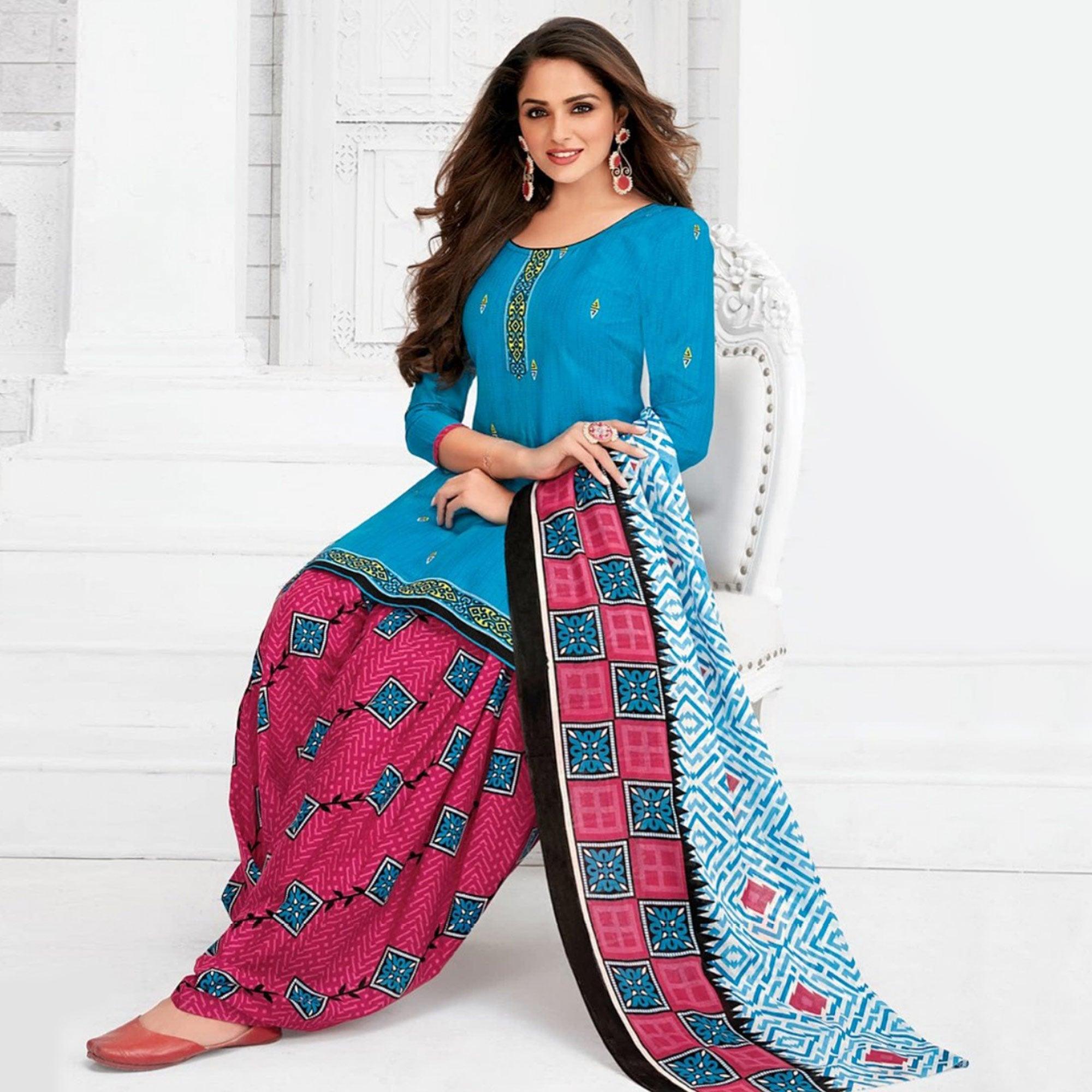 Blue Casual Wear  Printed Stitched Cotton Patiyala Suit With Dupatta - Peachmode