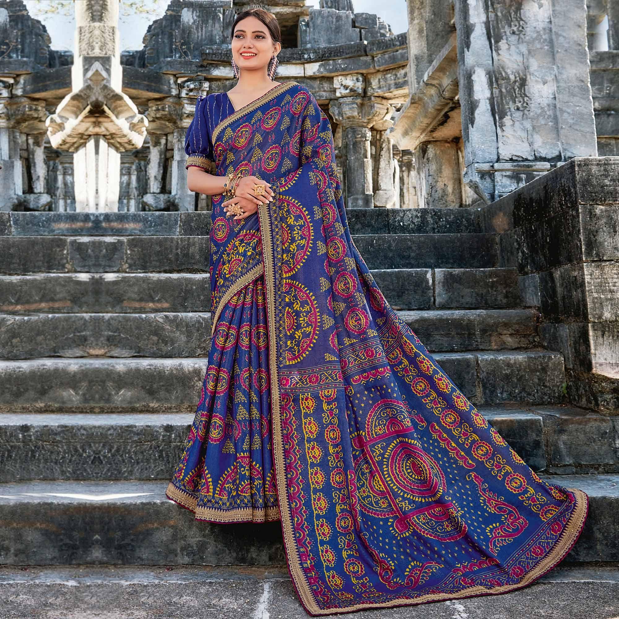 Blue Casual Wear Printed Tussar Silk Saree - Peachmode