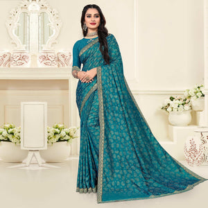 Blue Casual Wear Printed Vichitra Silk Saree - Peachmode