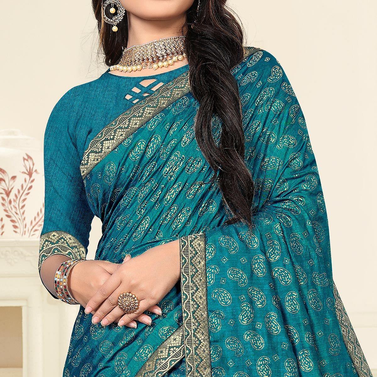 Blue Casual Wear Printed Vichitra Silk Saree - Peachmode