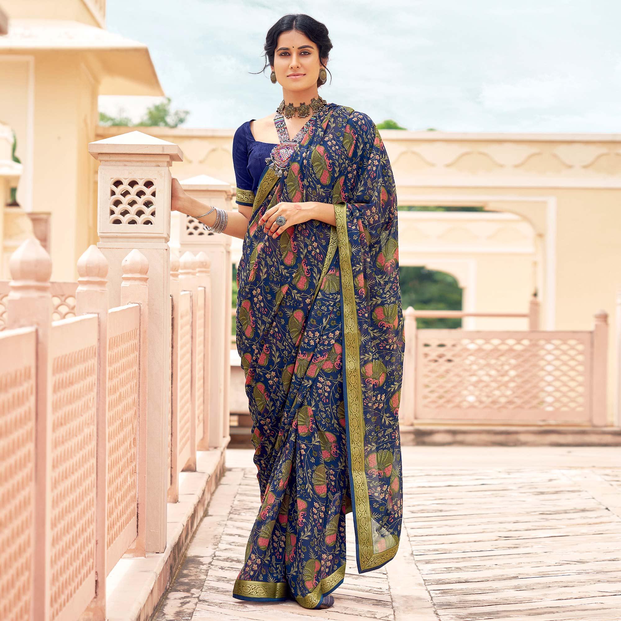 Blue Casual Wear Printed Weightless Georgette Saree - Peachmode