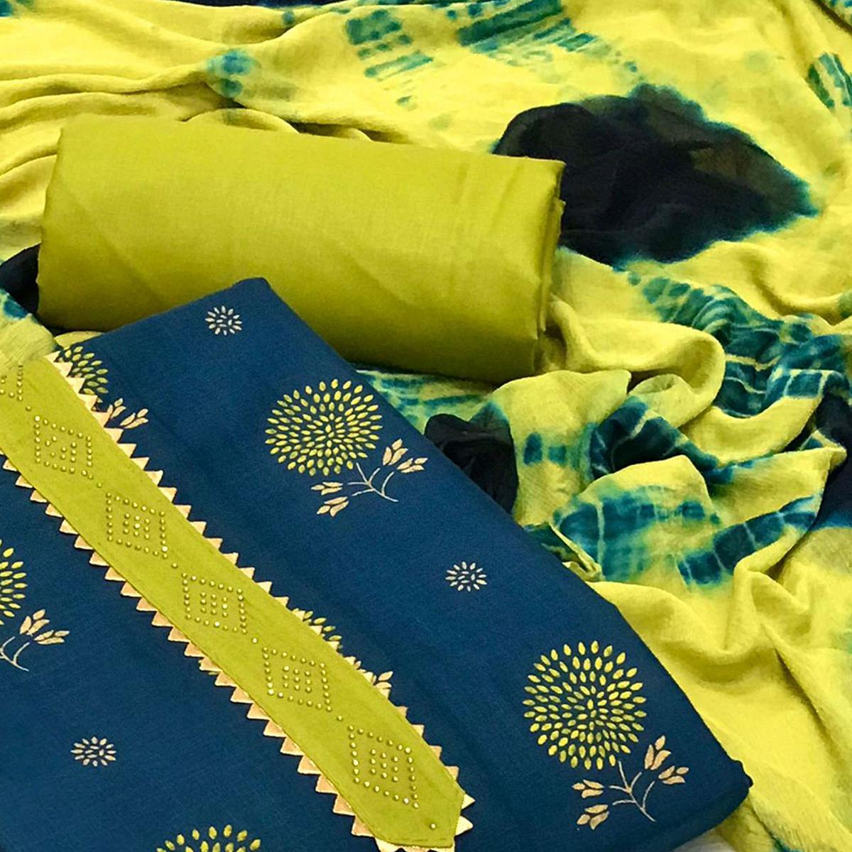 Blue Casual Wear Printed With Swarovski Cotton Dress Material - Peachmode