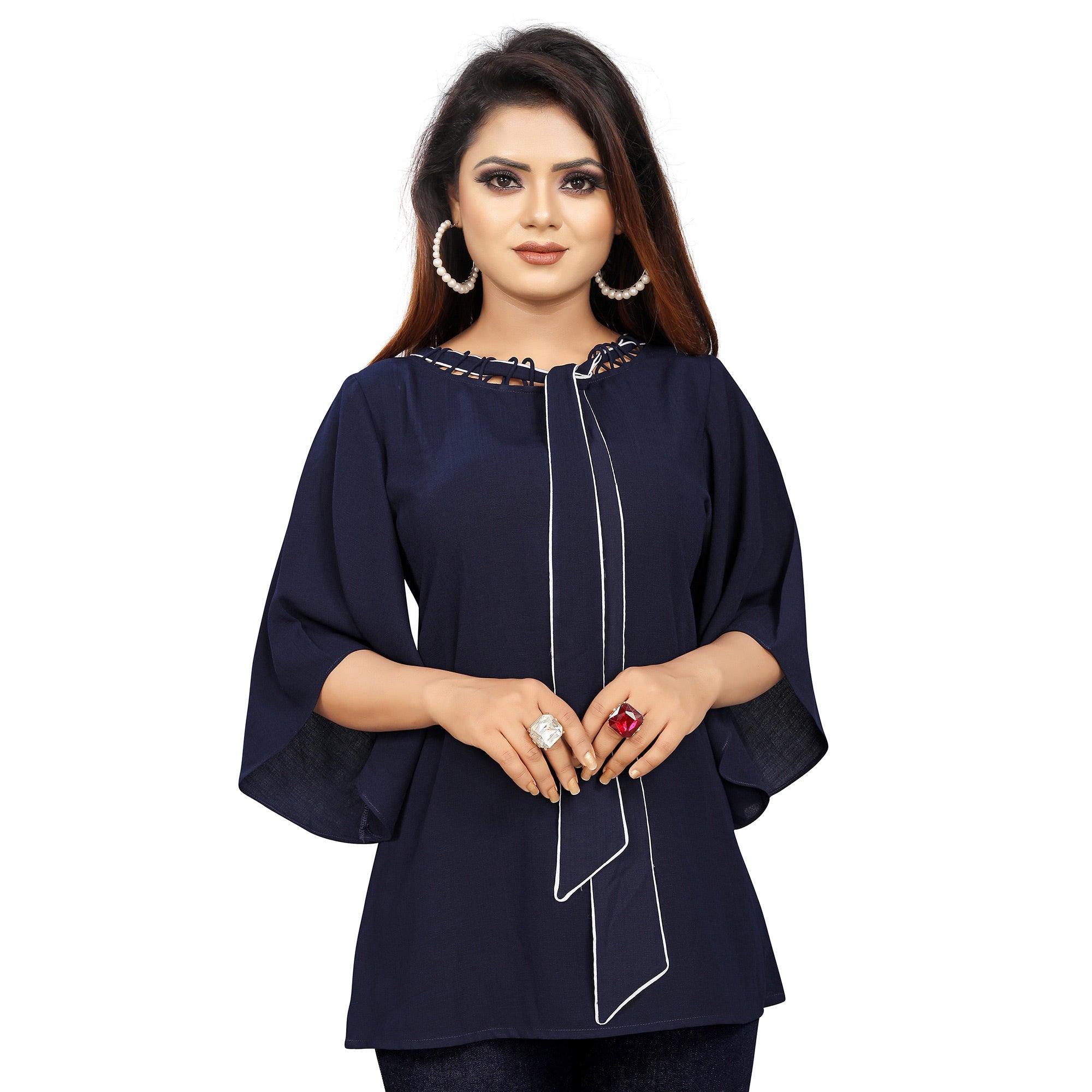 Blue Casual Wear Regular Flared Sleeve Net Tie up Georgette Top - Peachmode