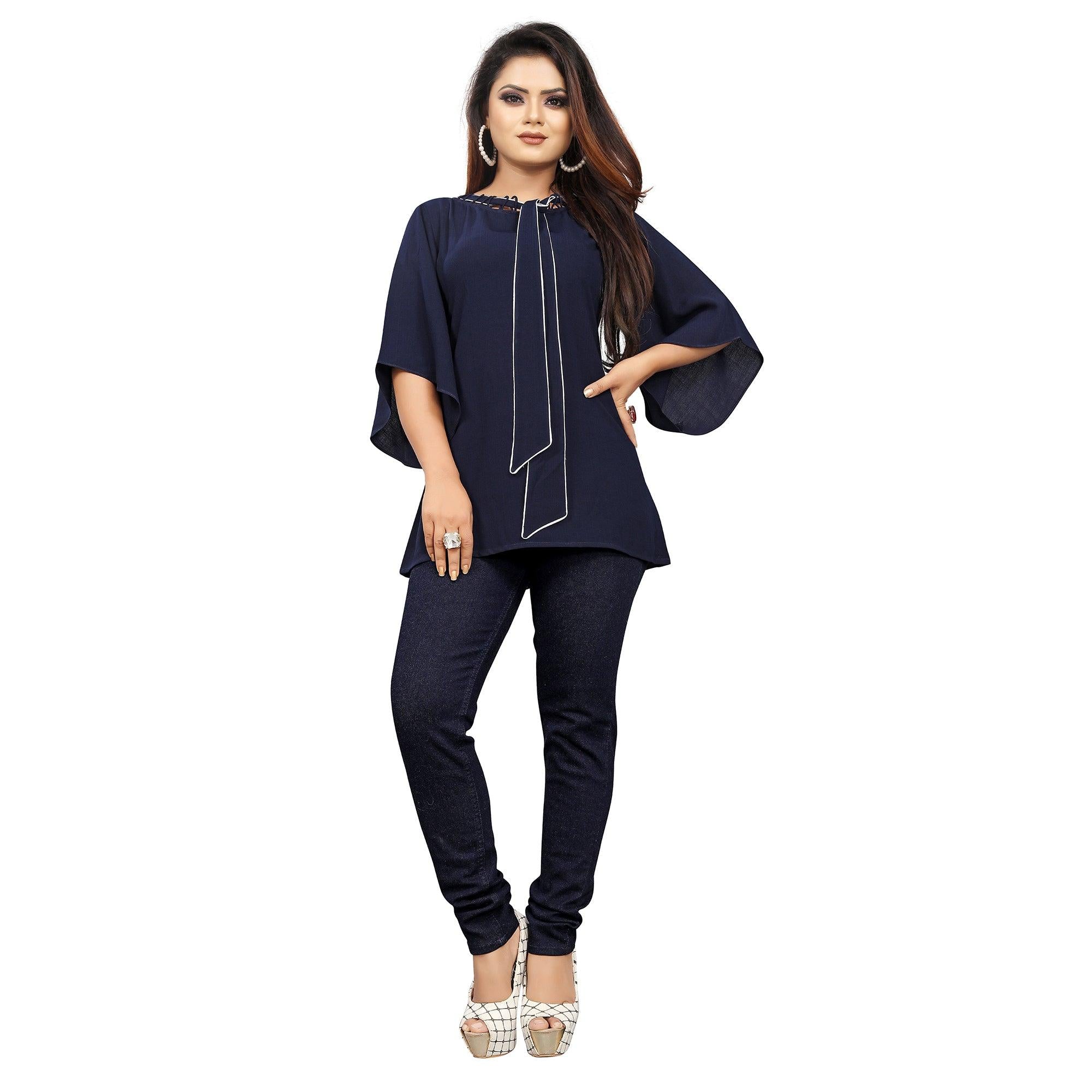Blue Casual Wear Regular Flared Sleeve Net Tie up Georgette Top - Peachmode