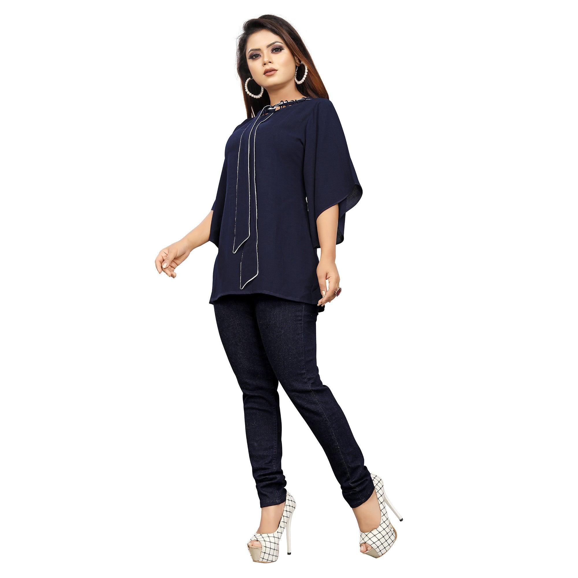 Blue Casual Wear Regular Flared Sleeve Net Tie up Georgette Top - Peachmode