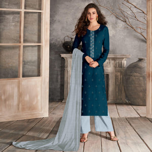 Blue Casual Wear Sequence Embroidered Chinon Silk Dress Material - Peachmode