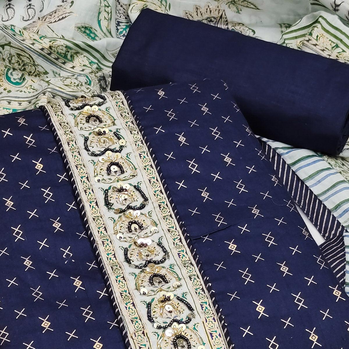 Blue Casual Wear Sequence Embroidered Cotton Dress Material - Peachmode