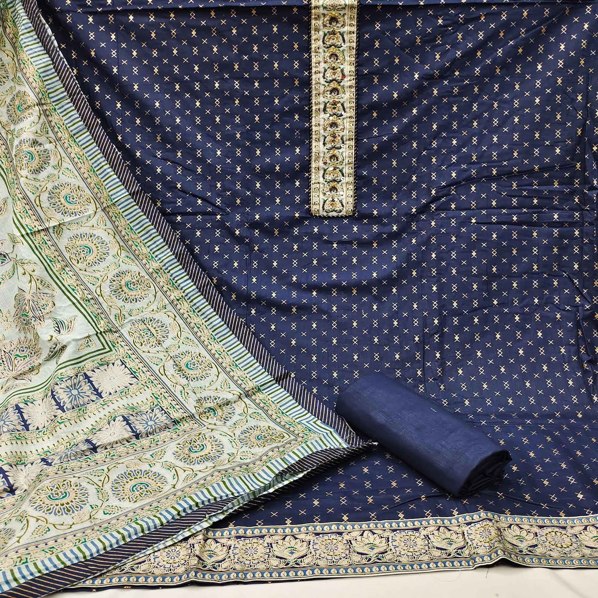 Blue Casual Wear Sequence Embroidered Cotton Dress Material - Peachmode