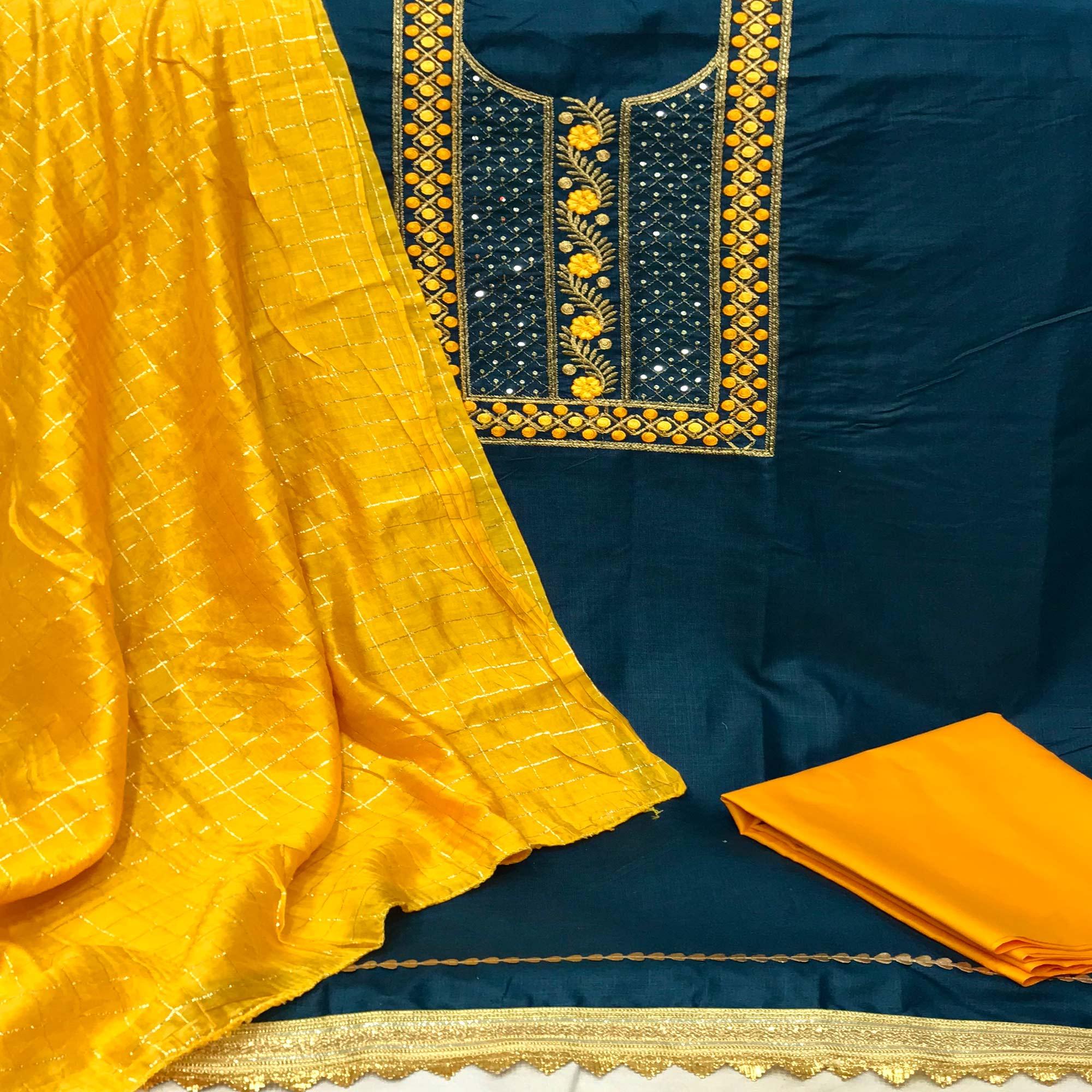 Blue Casual Wear Sequence Embroidered Cotton Dress Material - Peachmode