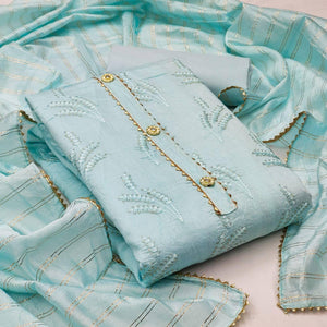 Blue Casual Wear Sequence Embroidered Dyeable Cotton Dress Material - Peachmode