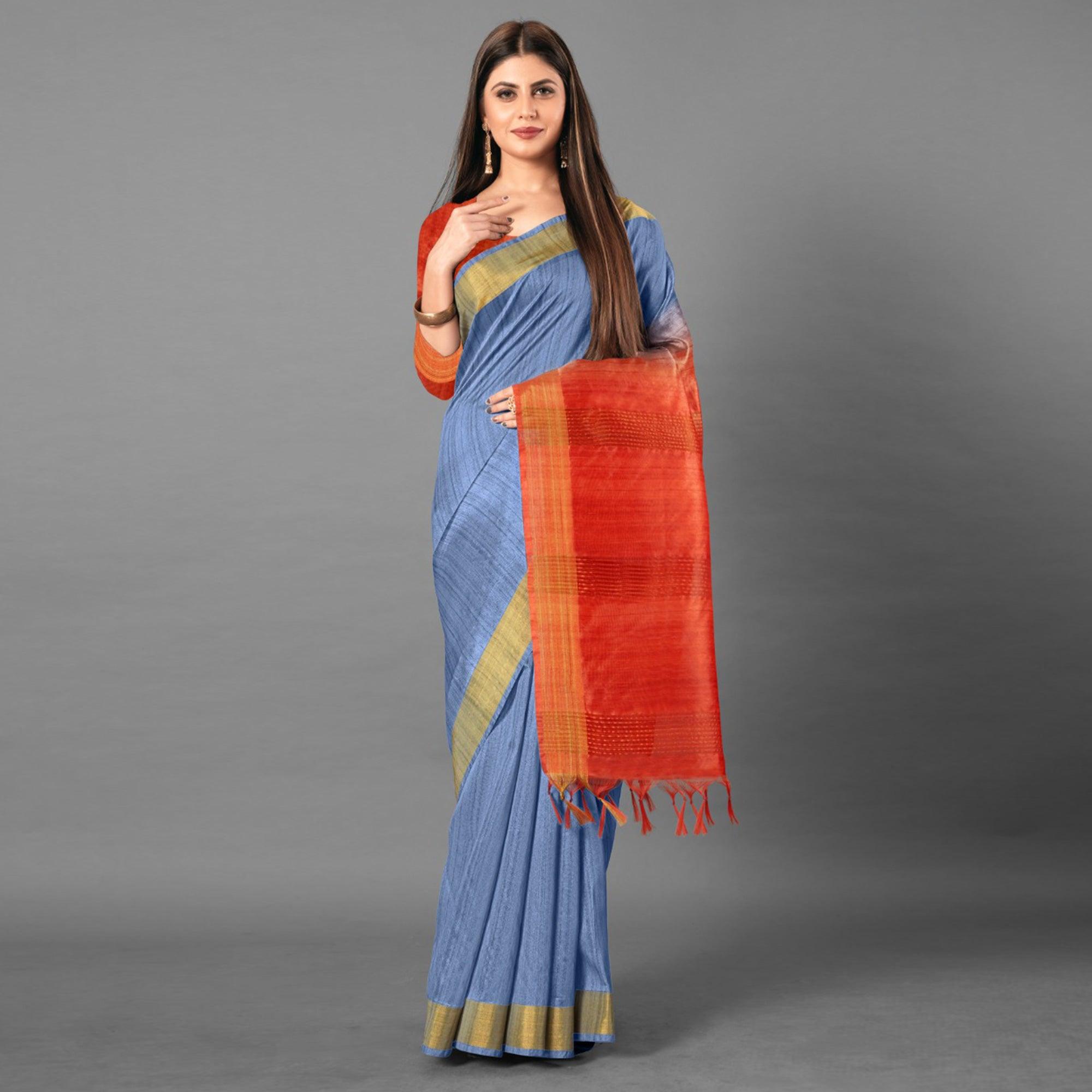 Blue Casual Wear Solid Cotton silk Saree - Peachmode