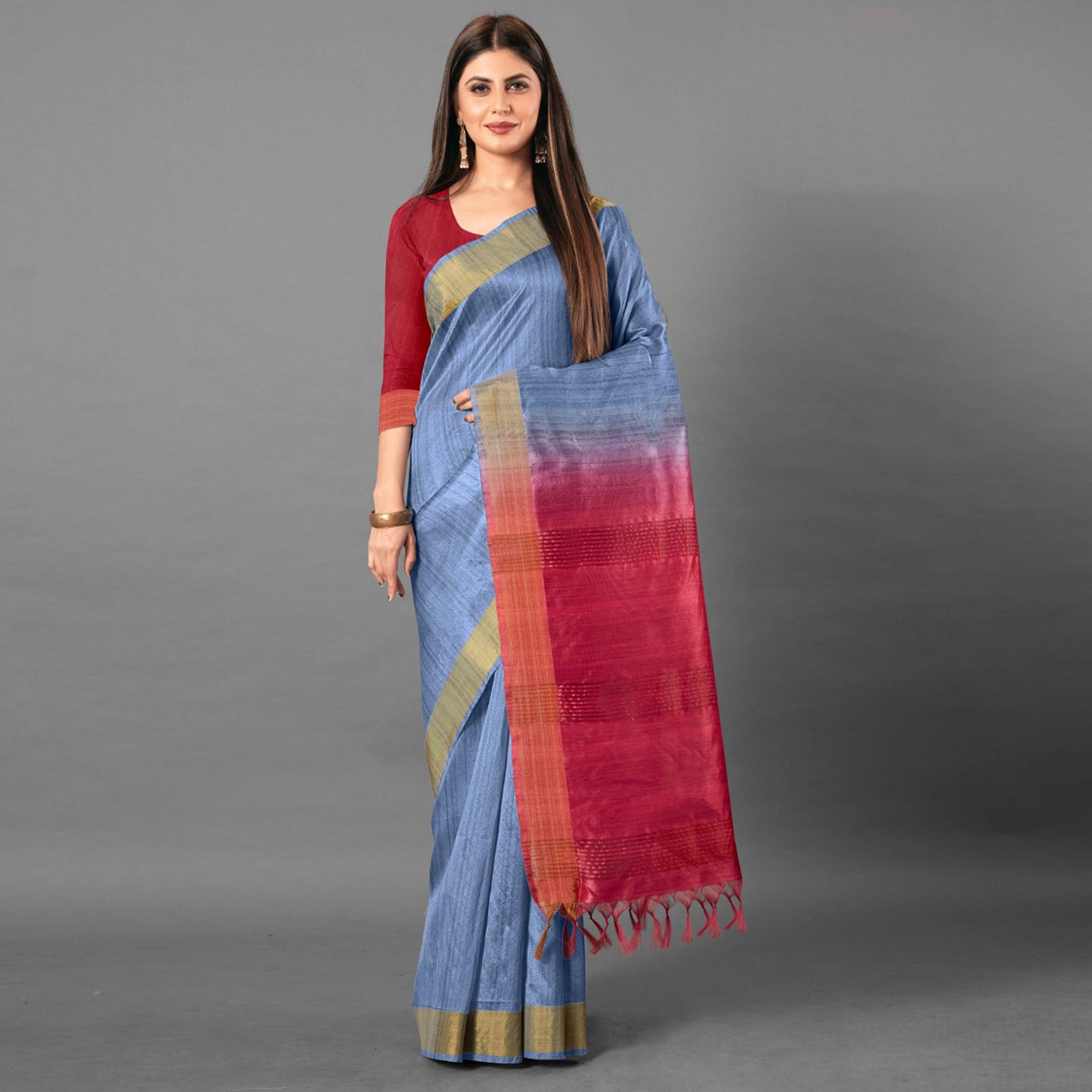 Blue Casual Wear Solid Cotton silk Saree - Peachmode