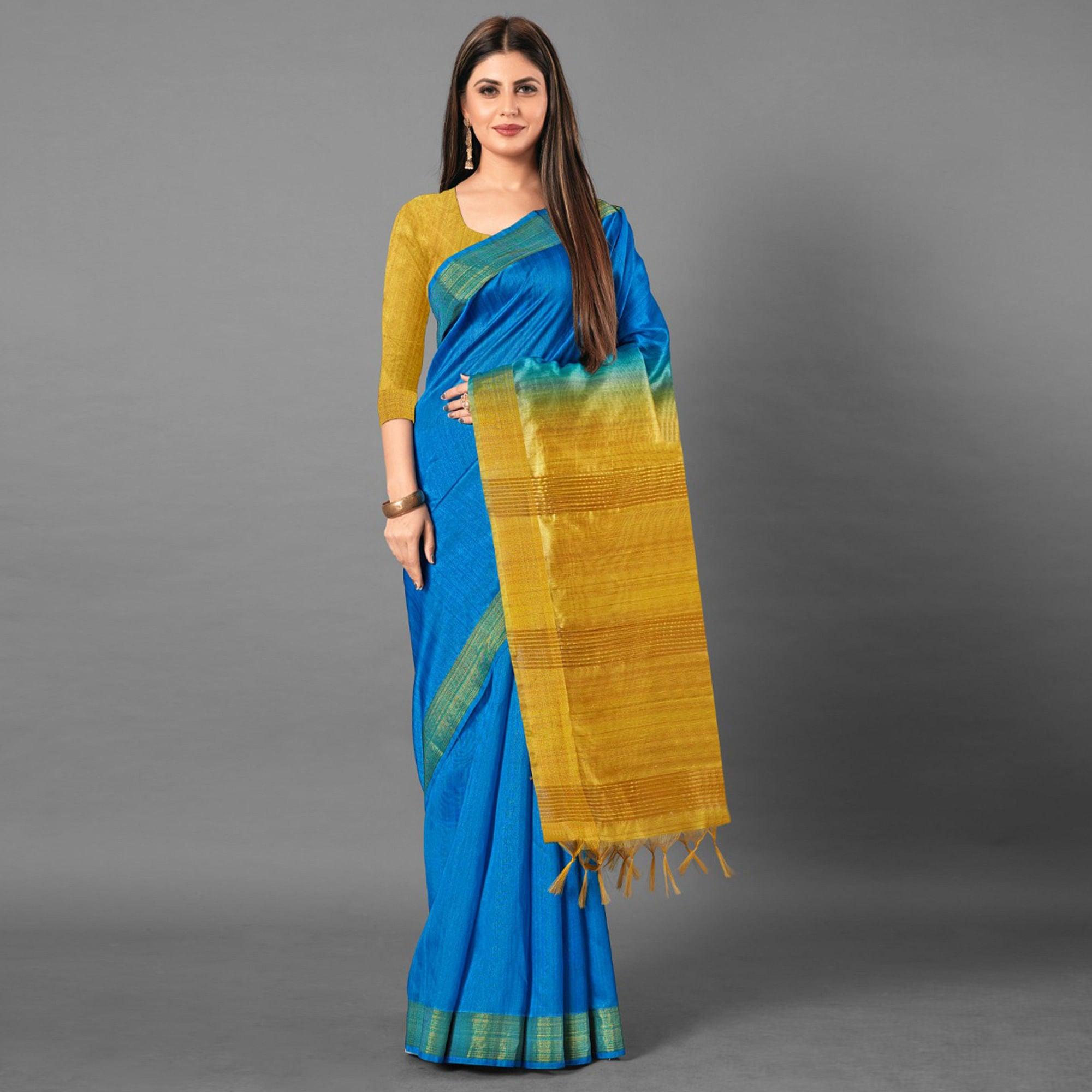 Blue Casual Wear Solid Cotton silk Saree - Peachmode