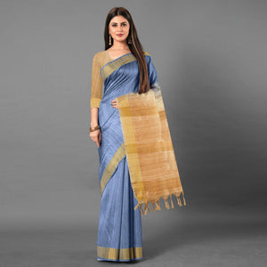 Blue Casual Wear Solid Cotton silk Saree - Peachmode