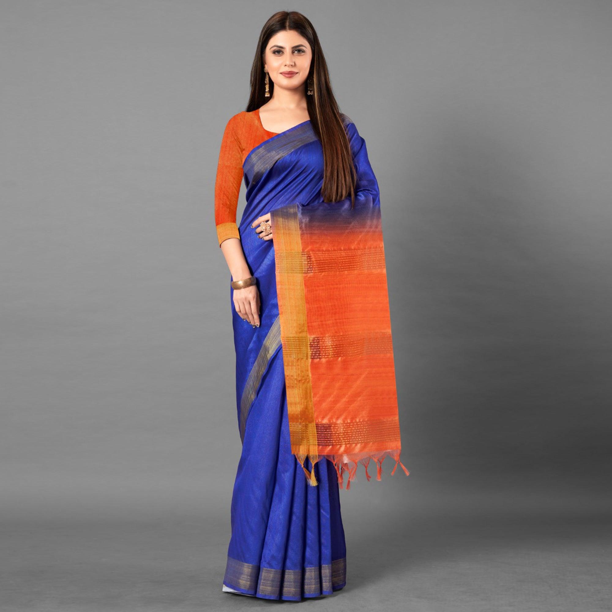 Blue Casual Wear Solid Cotton silk Saree - Peachmode